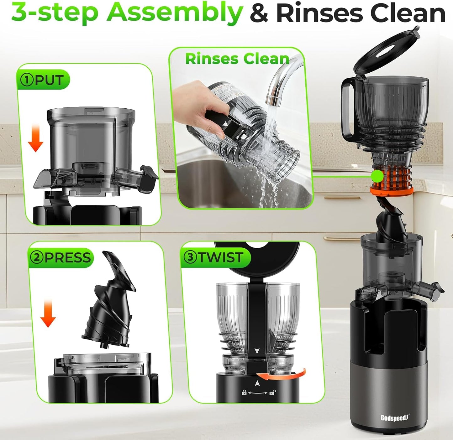 Juicer Machines with 5.8" Large Feed Chute, Slow Masticating Cold Press Juicer for Whole Fruits & Vegetables, Easy to Clean Design, High Juice Yield Home Juicer for Daily Wellness