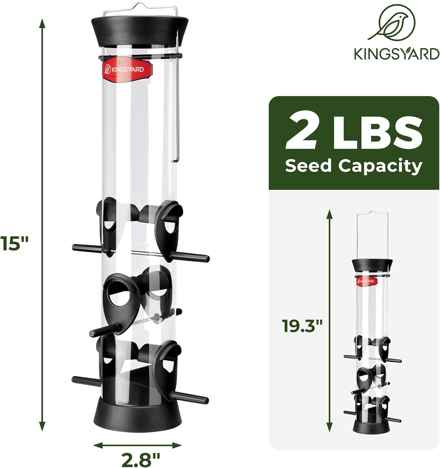 Kingsyard Tube Bird Feeders for Outdoors Hanging, Wild Bird Feeder with 6 Feeding Ports, Easy to Clean & Refill, 2 lbs Seed Capacity, Great for Attracting Finches, Cardinals (Black)