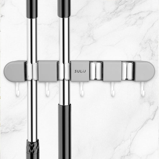 Mop and Broom Holder Wall Mount, 4 Racks and 5 Hooks Self Adhesive Garage Organizer Storage Tool Racks for Kitchen Garden Laundry (Grey)