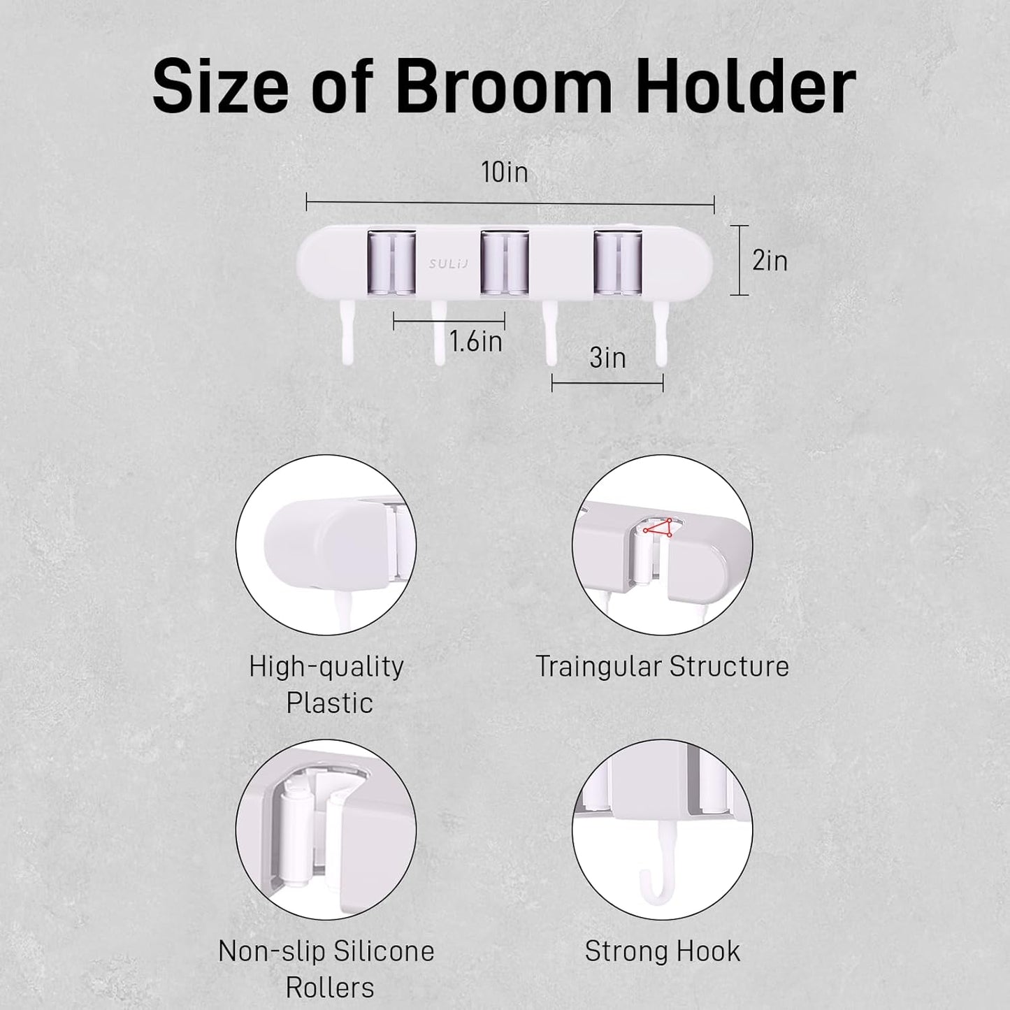 Broom Holder with 2 Slots & 3 Hooks Heavy Duty Garden Tool Organizer Broom Hanger Wall Mount for Home Laundry Room Kitchen Closet Shed Garage Organization and Storage - White