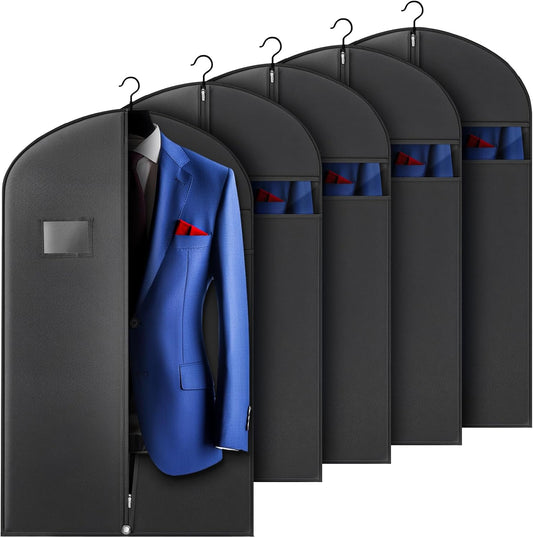 5 Pack 40-inch Suit Bag Garment Bag for Travel and Storage, Garment Bags for Hanging Clothes with Zipper and Visible Transparent Window, Black