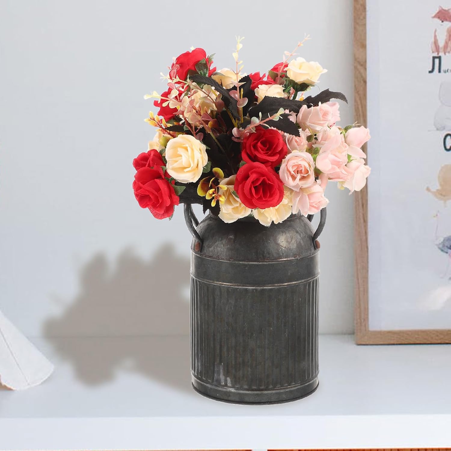 Vintage Metal Flower Bucket Planter, Rustic Decorative Floral Vase for