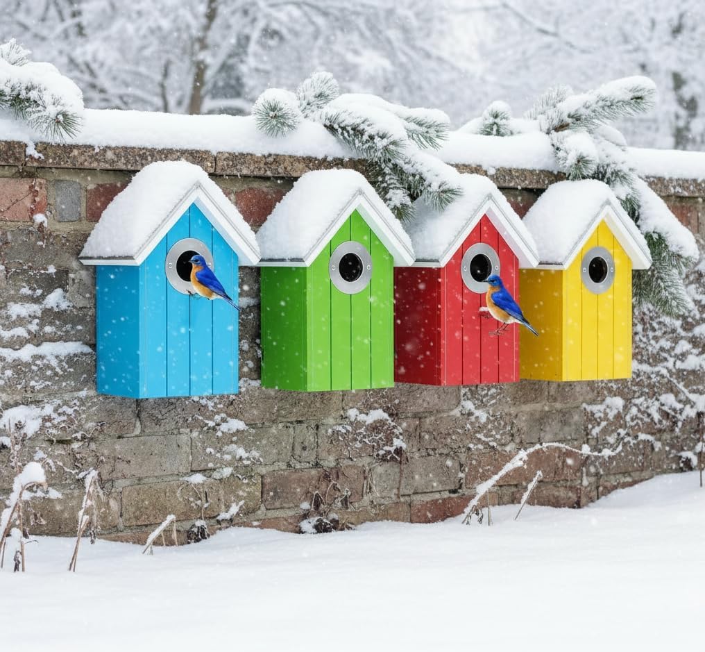 2PK Cedar Bluebird House, Wooden Bird House for Outside, 1.5" Entrance Hole Size, Stainless Steel Entrance Hole Protector, Silver Metal Roof, Colorful Garden Decorative, Pole Mountable (Yellow+Red)