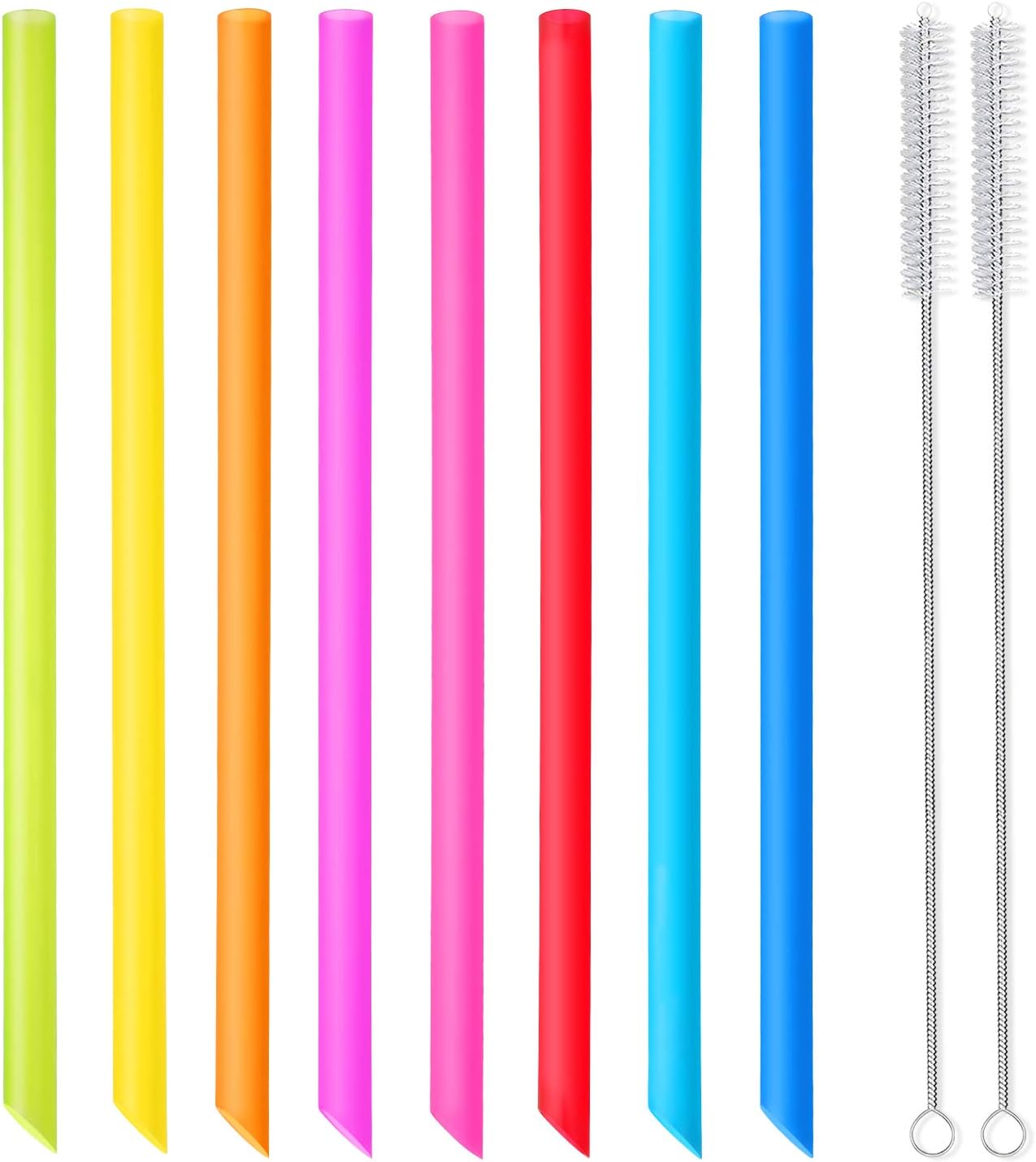 [Angled Tips] 8 Pcs Reusable Boba Straws & Smoothie Straws - Multi Colors Jumbo Wide Reusable Straw, BPA FREE Food-Grade Plastic Straw for Bubble Tea(Tapioca, Boba Pearls), Milkshakes with 2 Brushes