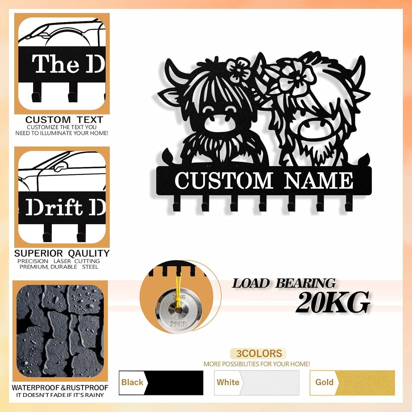 Personalized Highland Cow Key Holder Wall Mount, Custom Metal Keys Rac