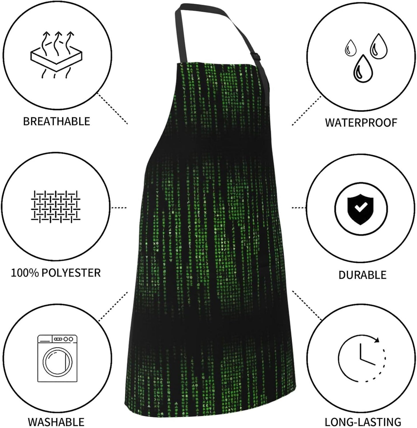 Green Number Binary Print 28x33 In Adult Kitchen Apron with Pockets Versatile Chef Smock for Cooking Baking