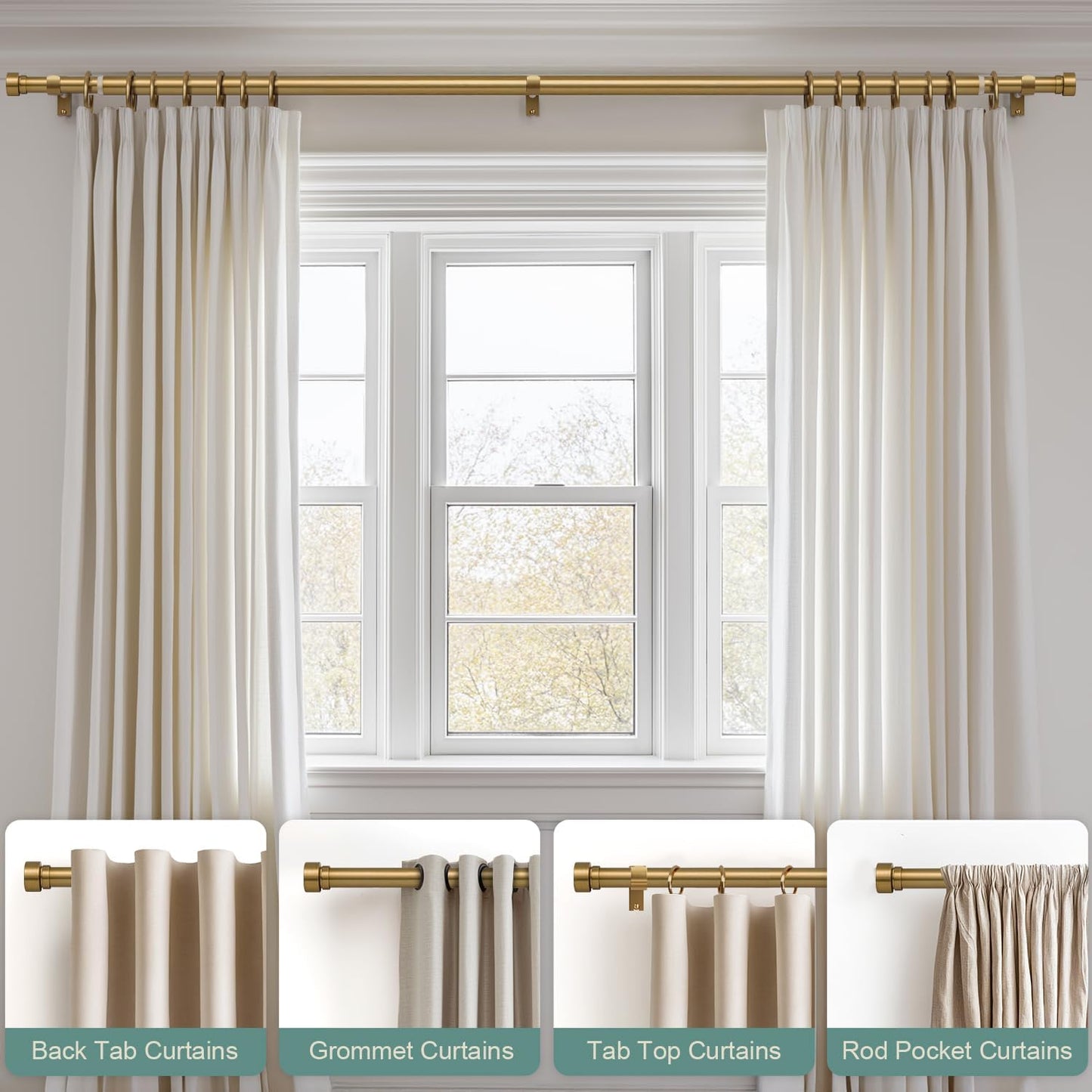 Warm Gold Curtain Rods for Windows 72 to 144 Inches Adjustable Length Heavy Duty 1" Diameter Brass Bronze Long Window Curtain Rod with Solid Metal Finials for Outdoor Farmhouse Bedroom Living Room
