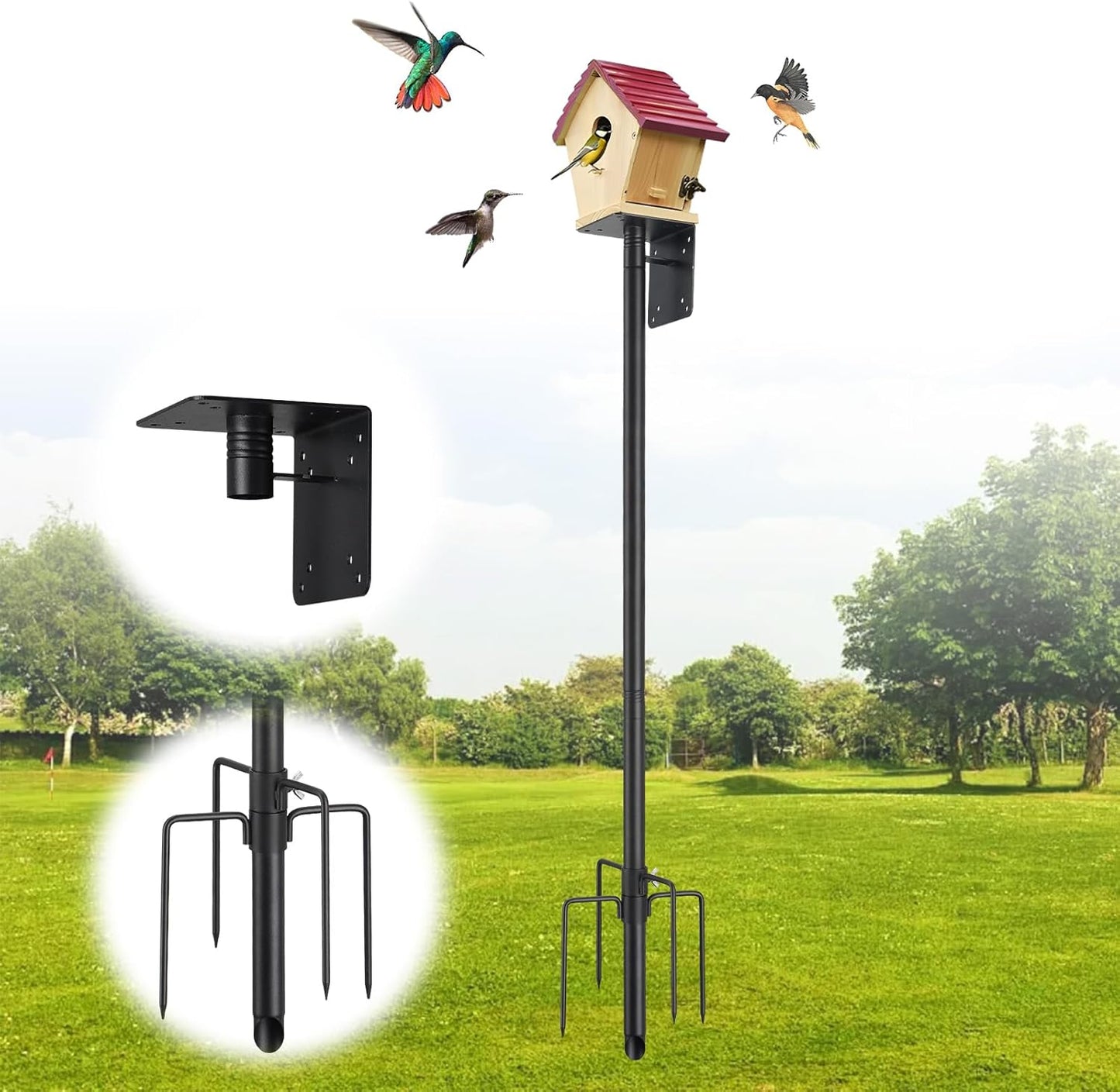Bird House Pole,60 Inch Heavy Duty Bird Feeder Pole Mount Kit for Outdoors, 5-Prong Base, Splicing Adjustable Feeding Stand Station for Birds Watching,Weather Station (Birds House Not Included)