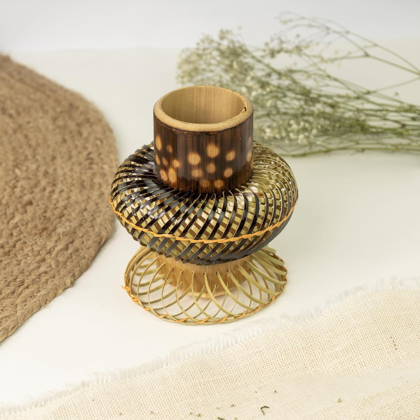 Handmade Bamboo Flower Vase - Natural Rustic Planter Pot for Indoor Outdoor Plants - Eco Friendly Farmhouse Boho Home Decor Centerpiece for Christmas Thanksgiving Idea
