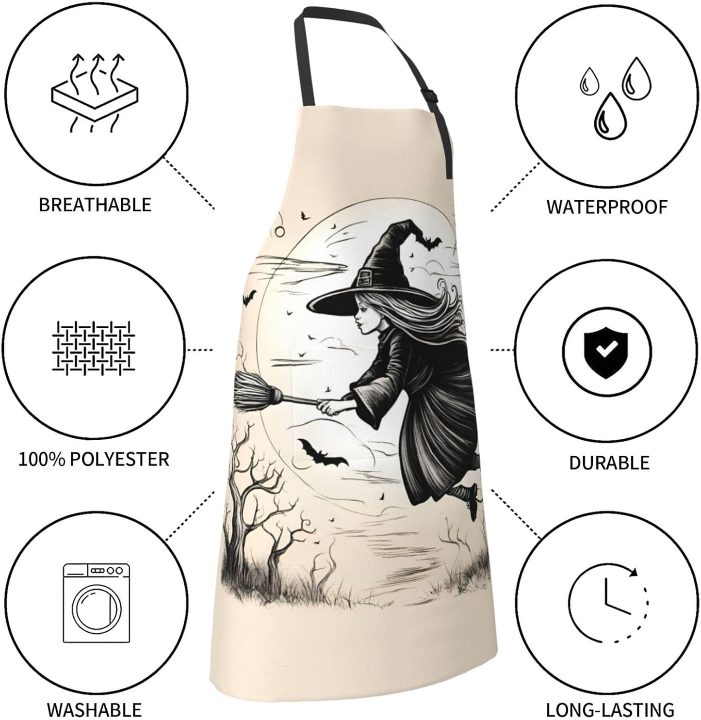 Halloween Witch Flying print Waterproof chef's apron with pocket apron for kitchen cooking baking barbecue and gardening
