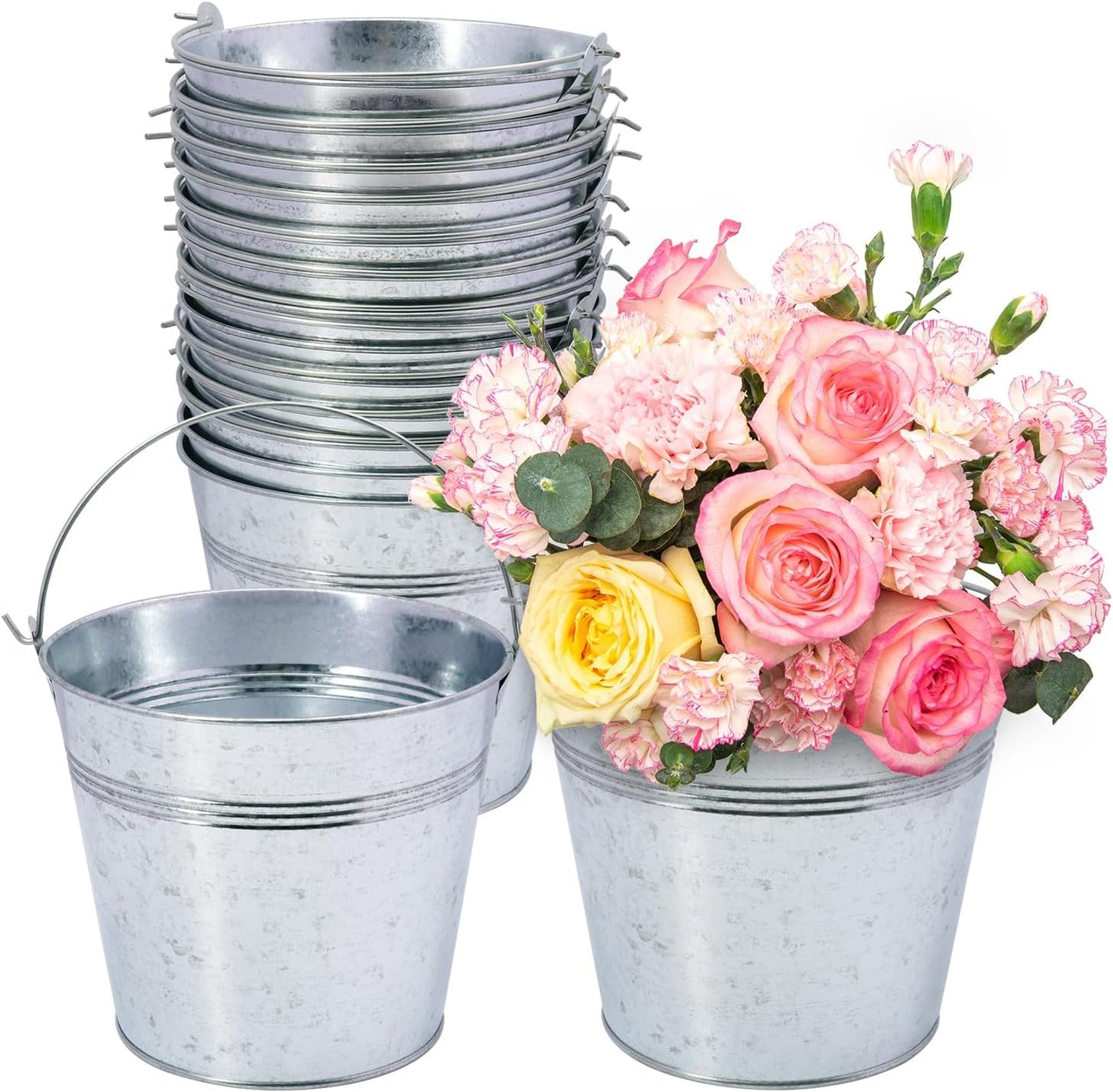 15 Pack 6 Inch Galvanized Metal Buckets with Handles, Rustic Metal Ice Buckets for Party Decor, Wedding Favors, Home Decor, Classroom Storage & Garden Planters(Silver)