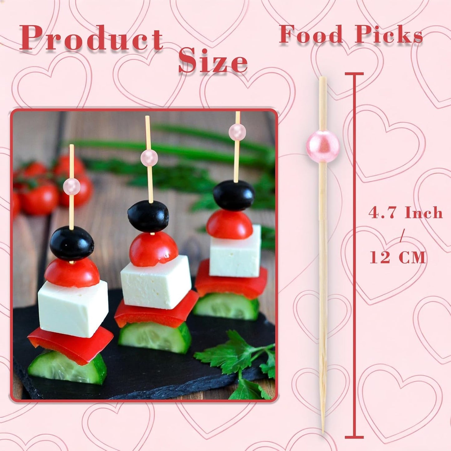 200 PCS Pink Cocktail Toothpicks for Appetizers, Natural Bamboo Coctail Skewers Sticks, Pearl Decorative Cocktail Tooth Picks for Drinks, Fruit, Charcuterie, Wedding Food Party Fancy 4.7 Inch Long