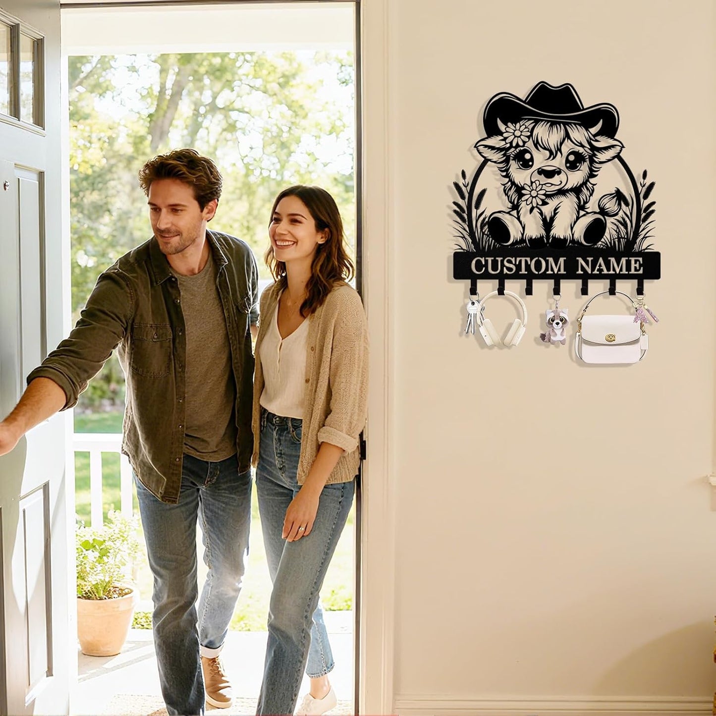 Personalized Key Holder Wall Mount, Custom Metal Highland Cow Keys Hol