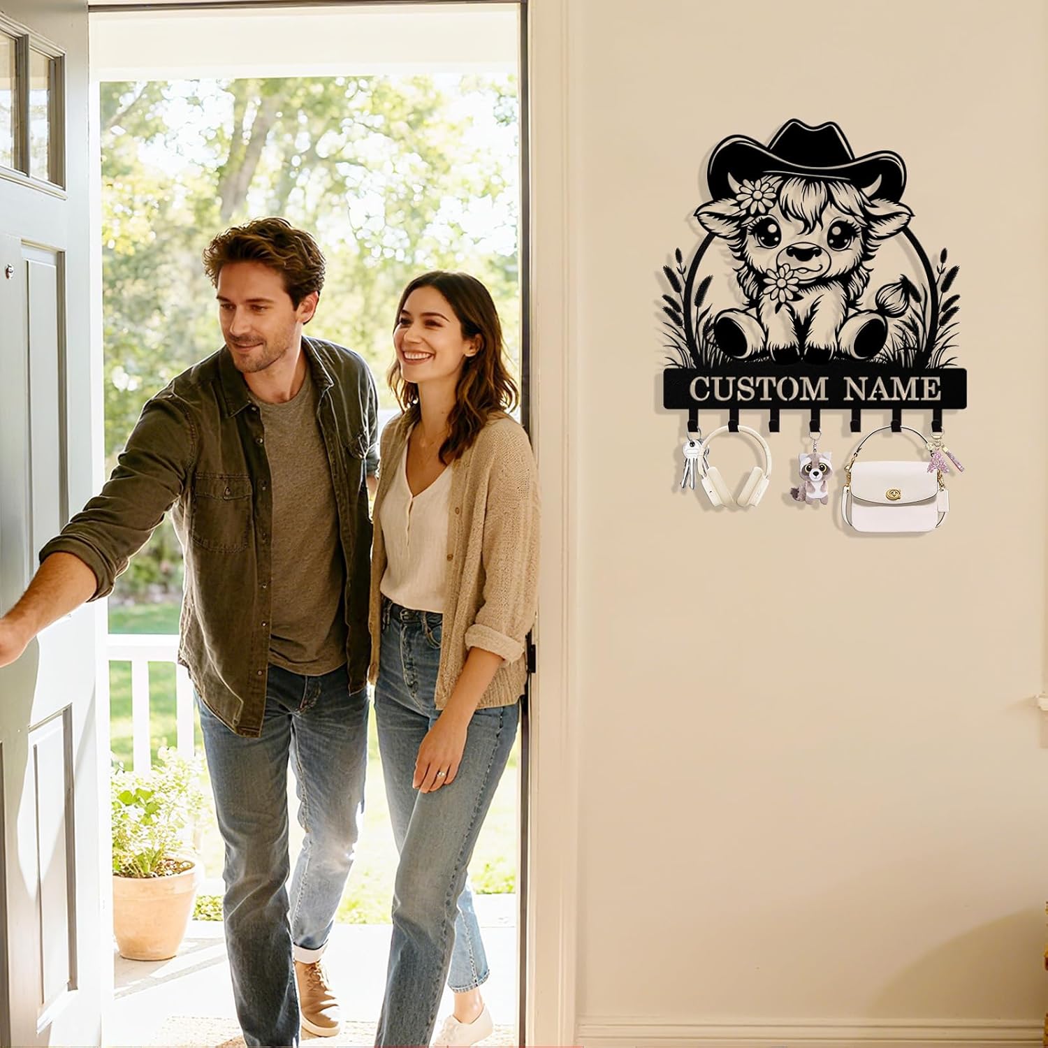 Personalized Key Holder Wall Mount, Custom Metal Highland Cow Keys Hol