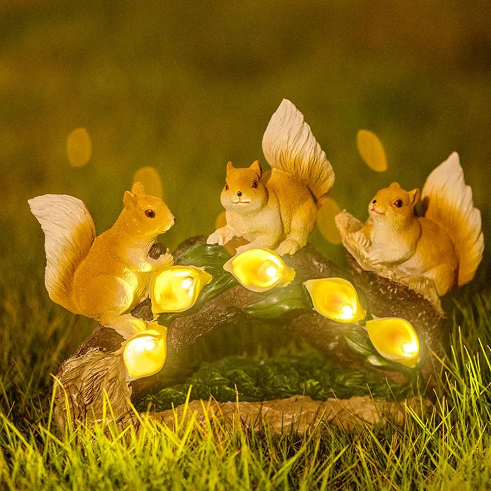 Solar Resin Squirrel Garden Statue with 5 LED Night Lights -Hand Carved, Weather Resistant Outdoor Solar Yard & Balcony Ornament
