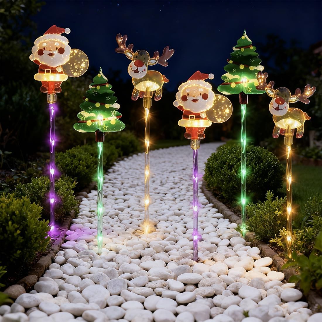 Moving Christmas Lights, 6 Pack of Moving Christmas Solar Lights, Waterproof LED Colorful Stakes Outdoor, Moving Christmas Tree & Reindeer Decorations for Yard, Garden, Courtyard, and Path (A-Style)