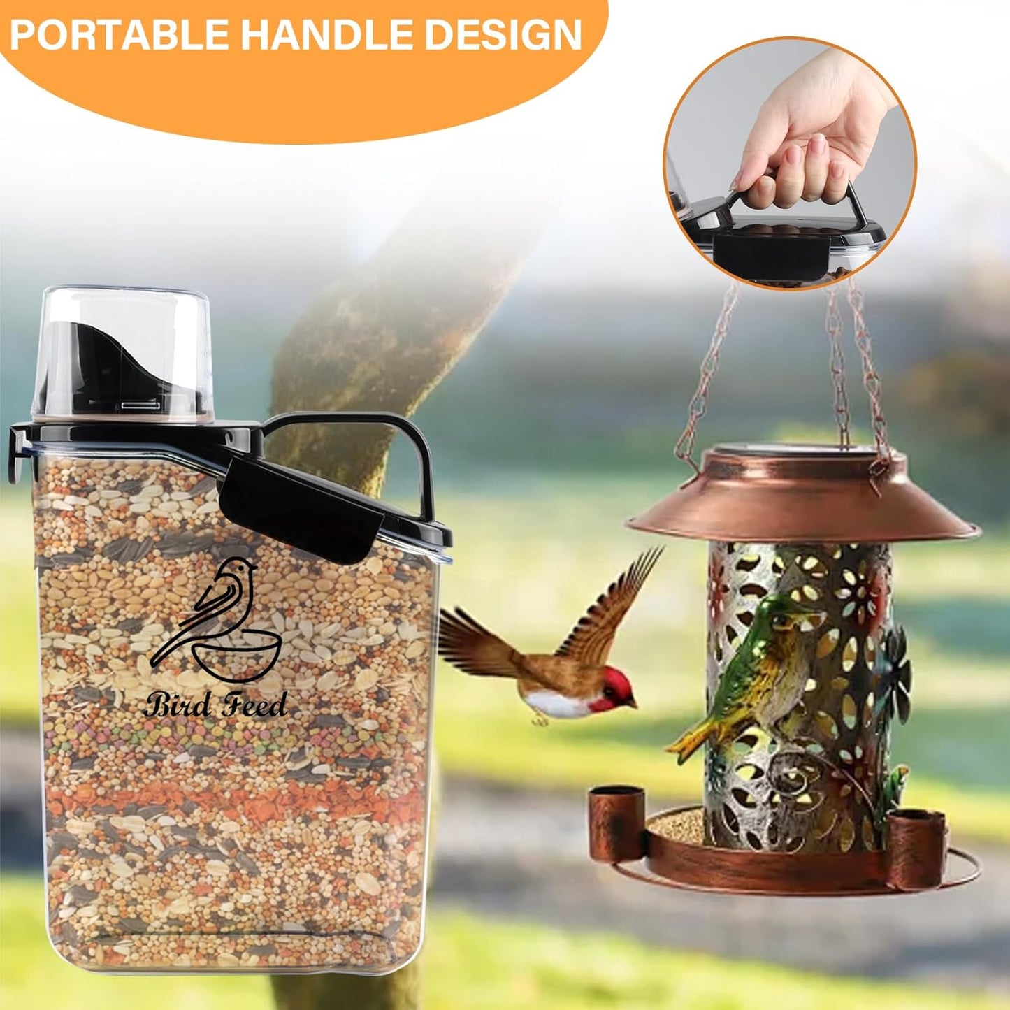 Geyecete Bird Seed Storage Container Portable-3 Qt/2.8 L Clear Plastic Airtight Wild bird Seed Dispenser food container with Measuring Cup |BPA Free