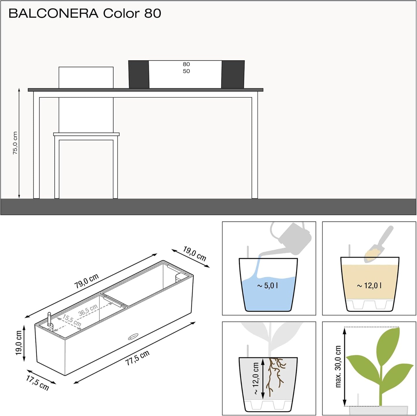 Lechuza 15680 Balconera Color 80 Self-Watering Planter for Indoor and Outdoor Use, 31" x 7" x7", White Matte