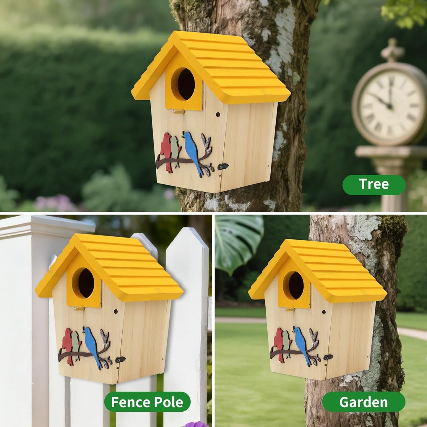 Wooden Bird Houses Bird House for Outside,Yellow Wood Bird House for Outdoors, 1.5" Entrance Hole Bird Houses for Garden Blue Bird Hummingbird Wren Cardinal Swallow Sparrow Finch