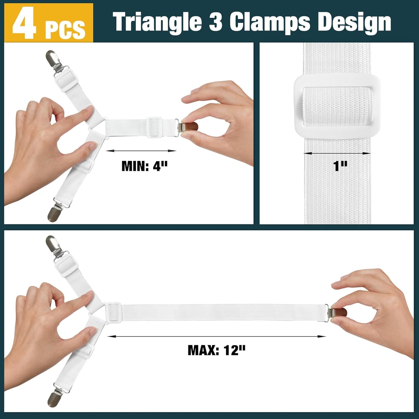 4 Pack Adjustable Elastic Straps with Metal Clips, Bed Sheet Fasteners in Assorted Four Sizes, Bedding Suspenders for Mattress Covers, Bed Corner Holders and Keepers (White)