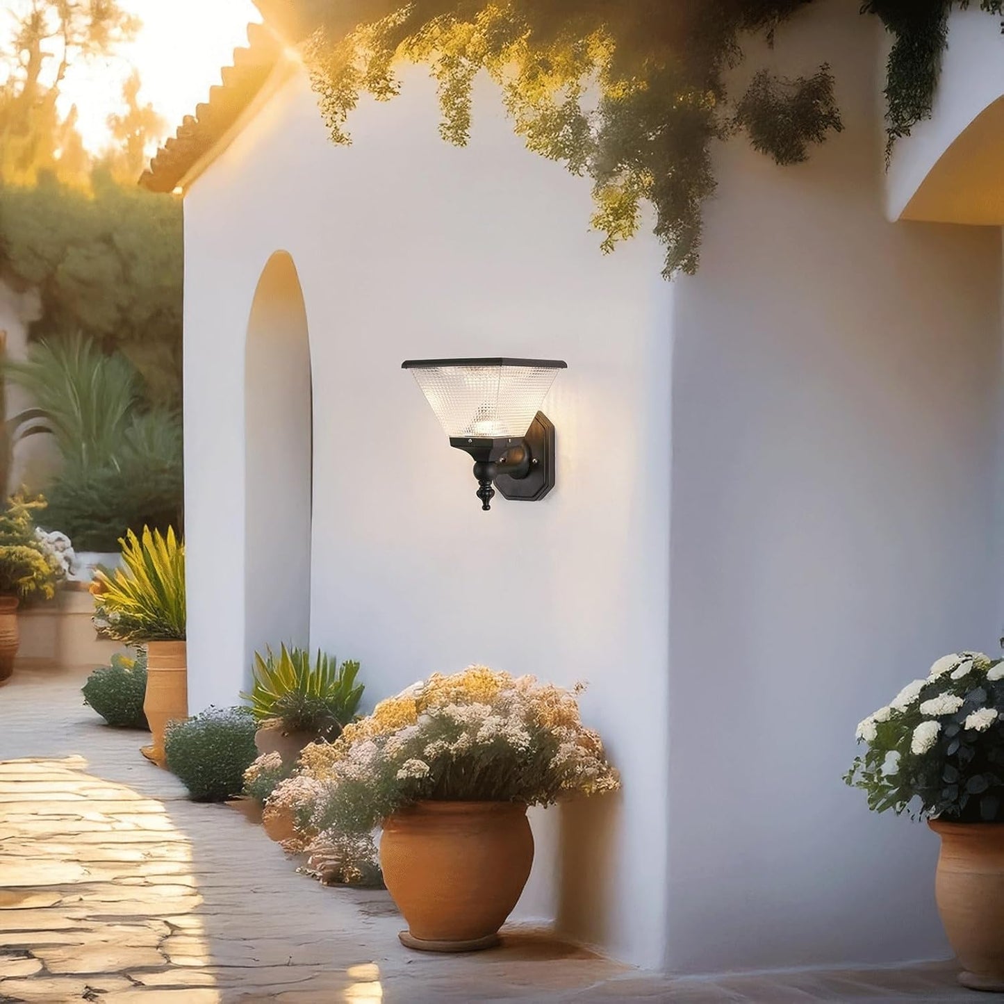 Outdoor Solar Wall Sconce Light Fixture, LED Dusk to Dawn Exterior Wall Lamp Mount, Automatic On/Off, Aluminum Black High Translucent PC Shade for Courtyard, Garden, Entryway Cottage