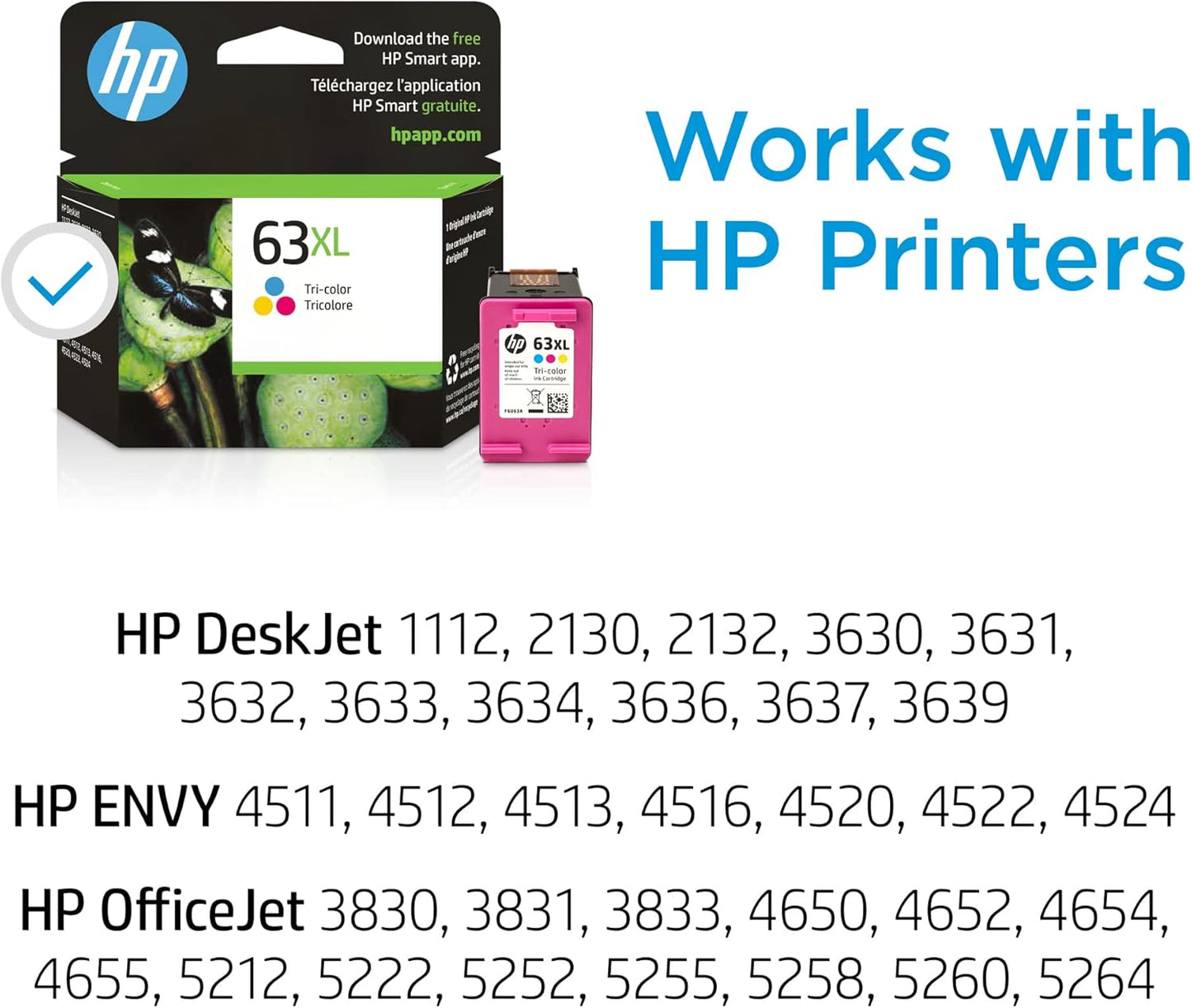 HP 63XL Tri-Color High-Yield Ink Cartridge | Works with Printer Series: DeskJet 1112, 2130, 3630, Envy 4510, 4520, OfficeJet 3830, 4650, 5200 | Eligible for Instant Ink | F6U63AN