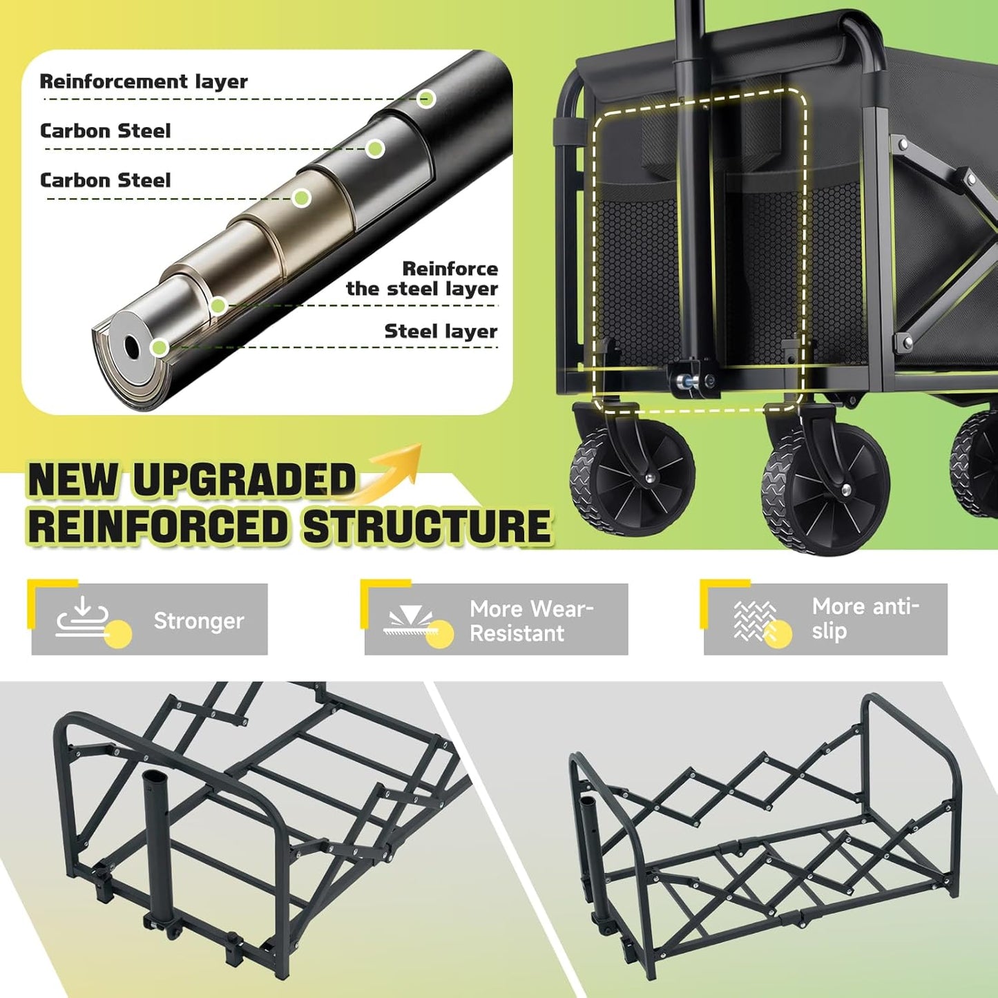 360LBS Collapsible Foldable Wagon Carts - Heavy Duty Portable Folding Utility Wagons with All-Terrain Wheels for Grocery Sports Shopping Camping Garden Beach, 2 Drink Holders/Lightweight/Black