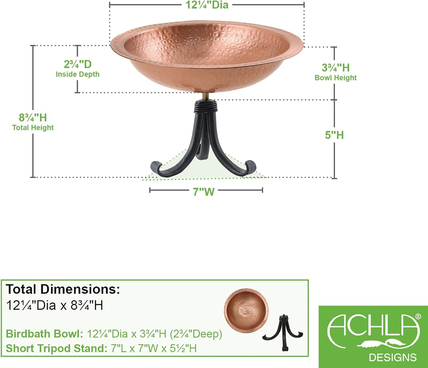 Hammered Solid Copper Birdbath- Tripod Stand