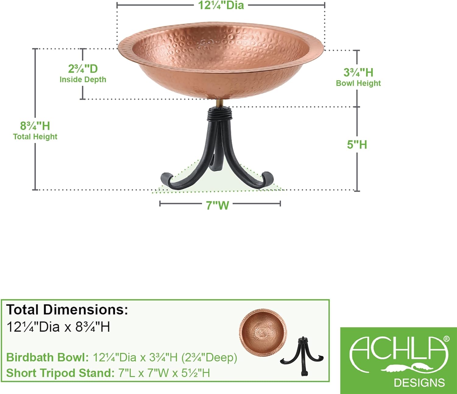 Hammered Solid Copper Birdbath- Tripod Stand