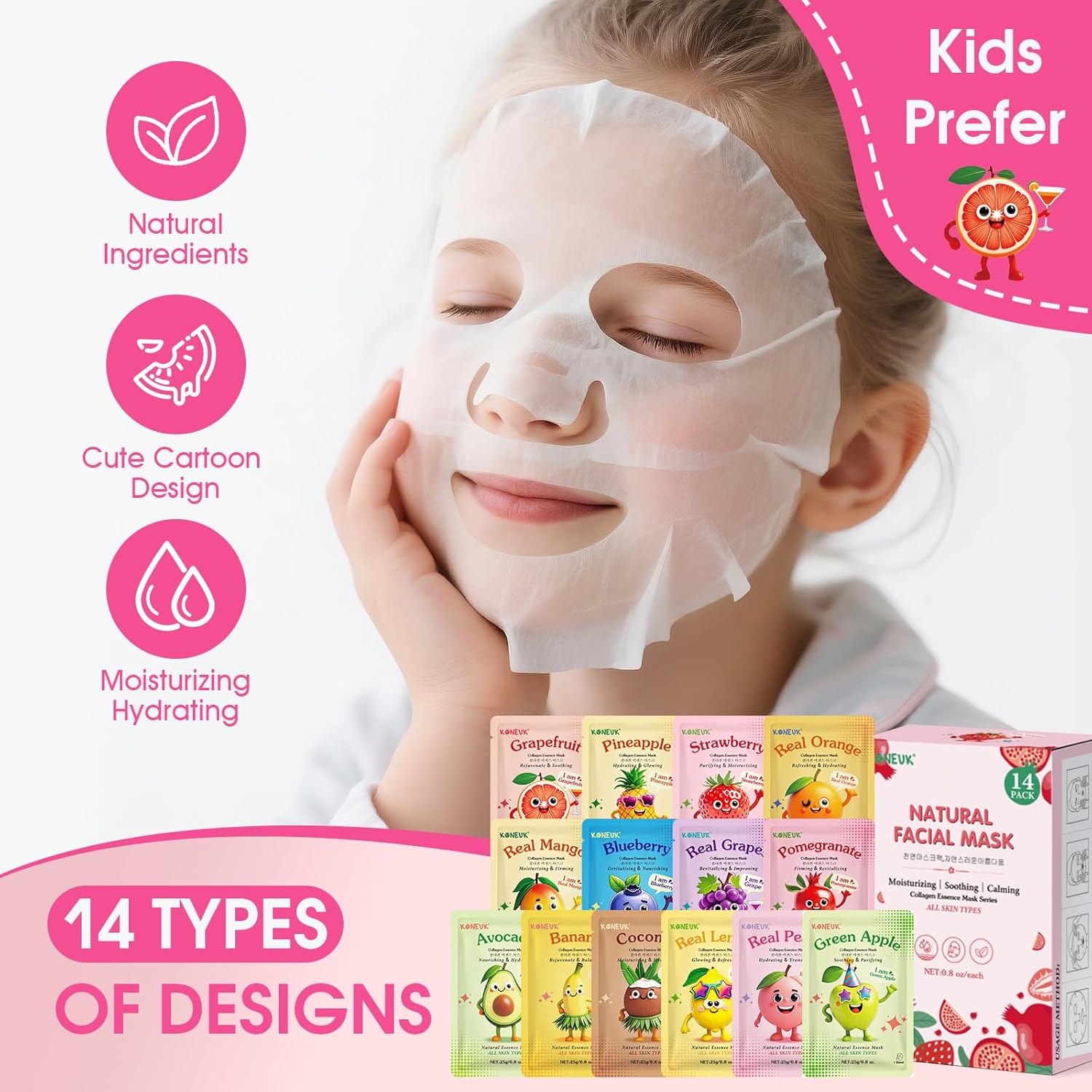 14 Pack Fruit Face Masks Skincare for Kids, Sheet Hydrating Facial Mas