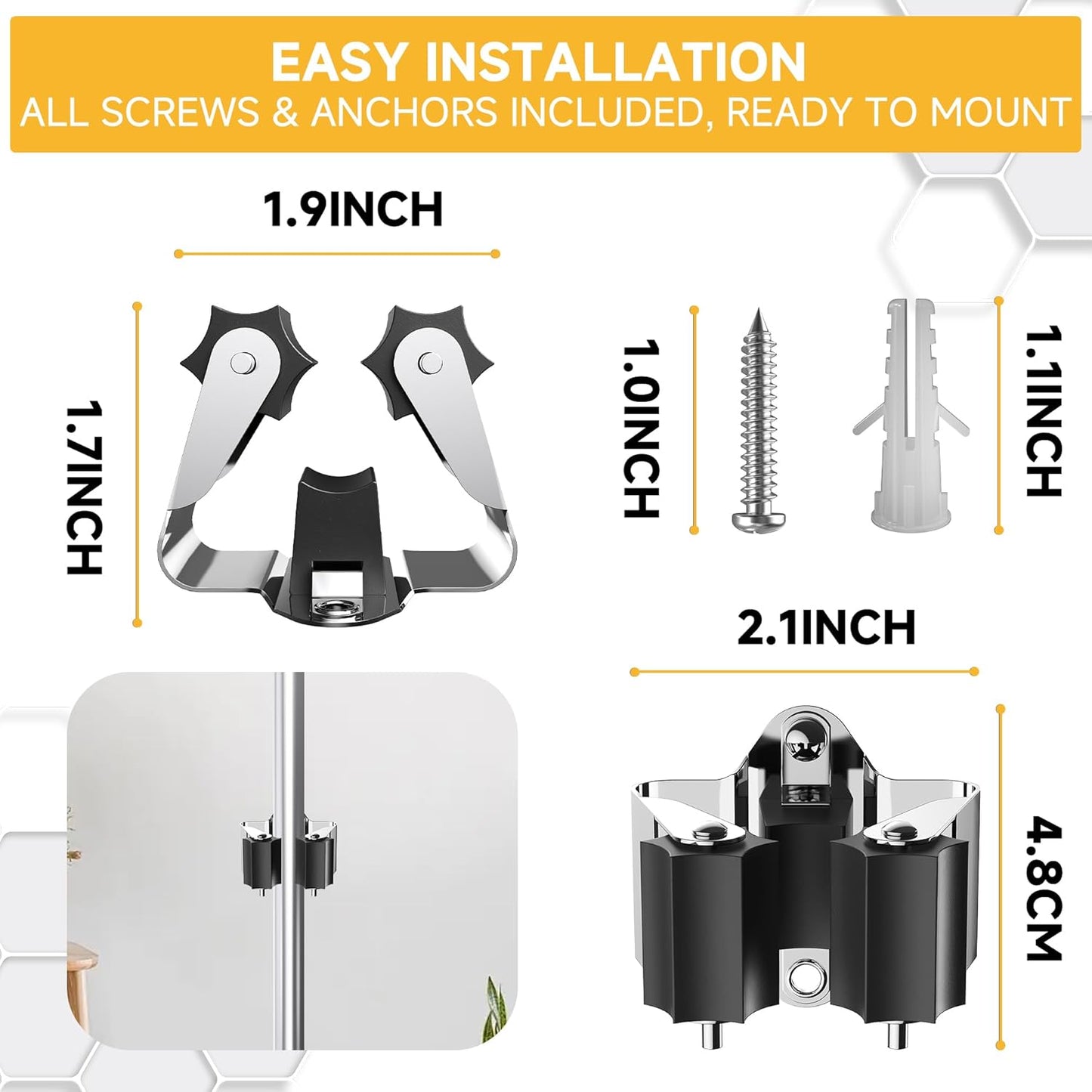 Broom Holder Wall Mount, 12 Pack Single Metal Mop Clips & Gripper, Wall Mounted Hanger with Star-Shaped Rollers and Nickel Plated Brackets for Garden Tools Storage