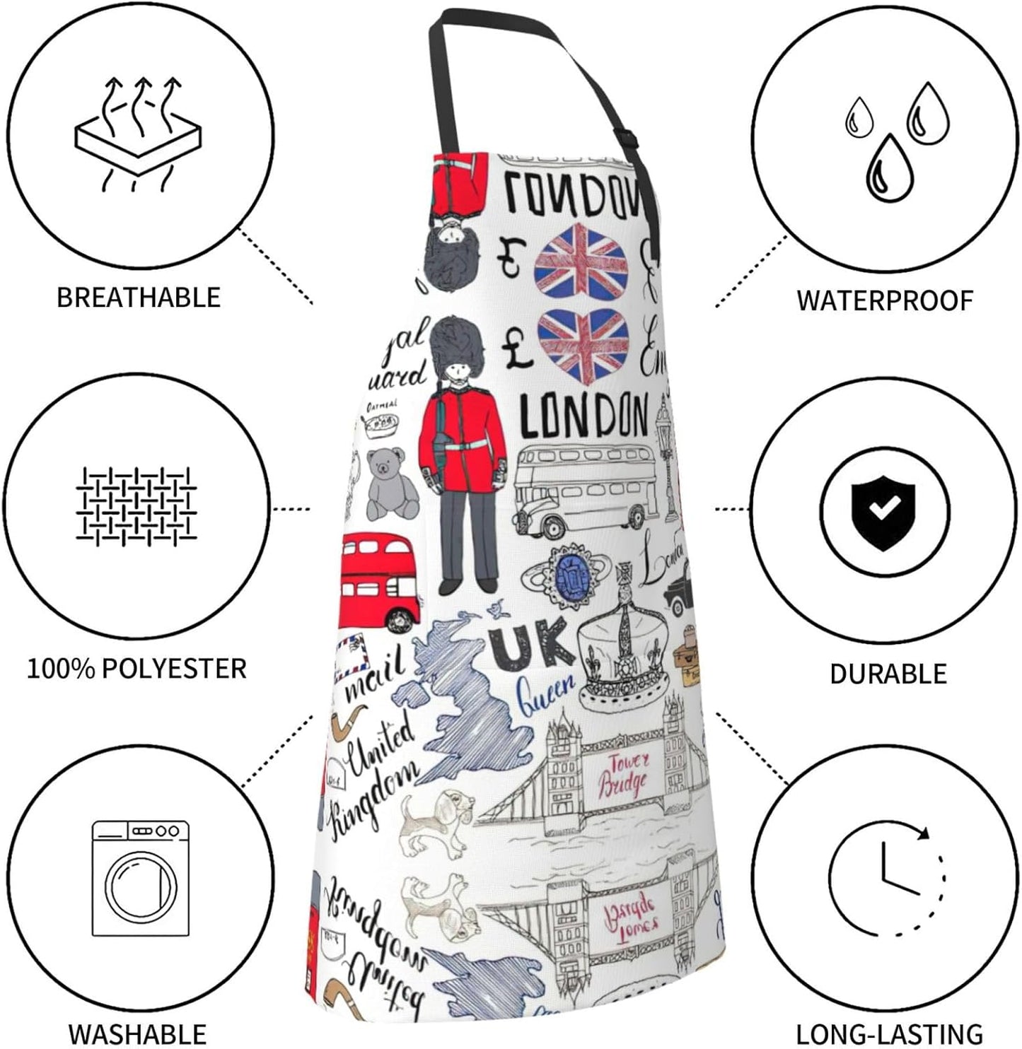I Love London Print Laundry apron 28x33 In Waterproof Kitchen Apron with Pockets for Cooking Baking