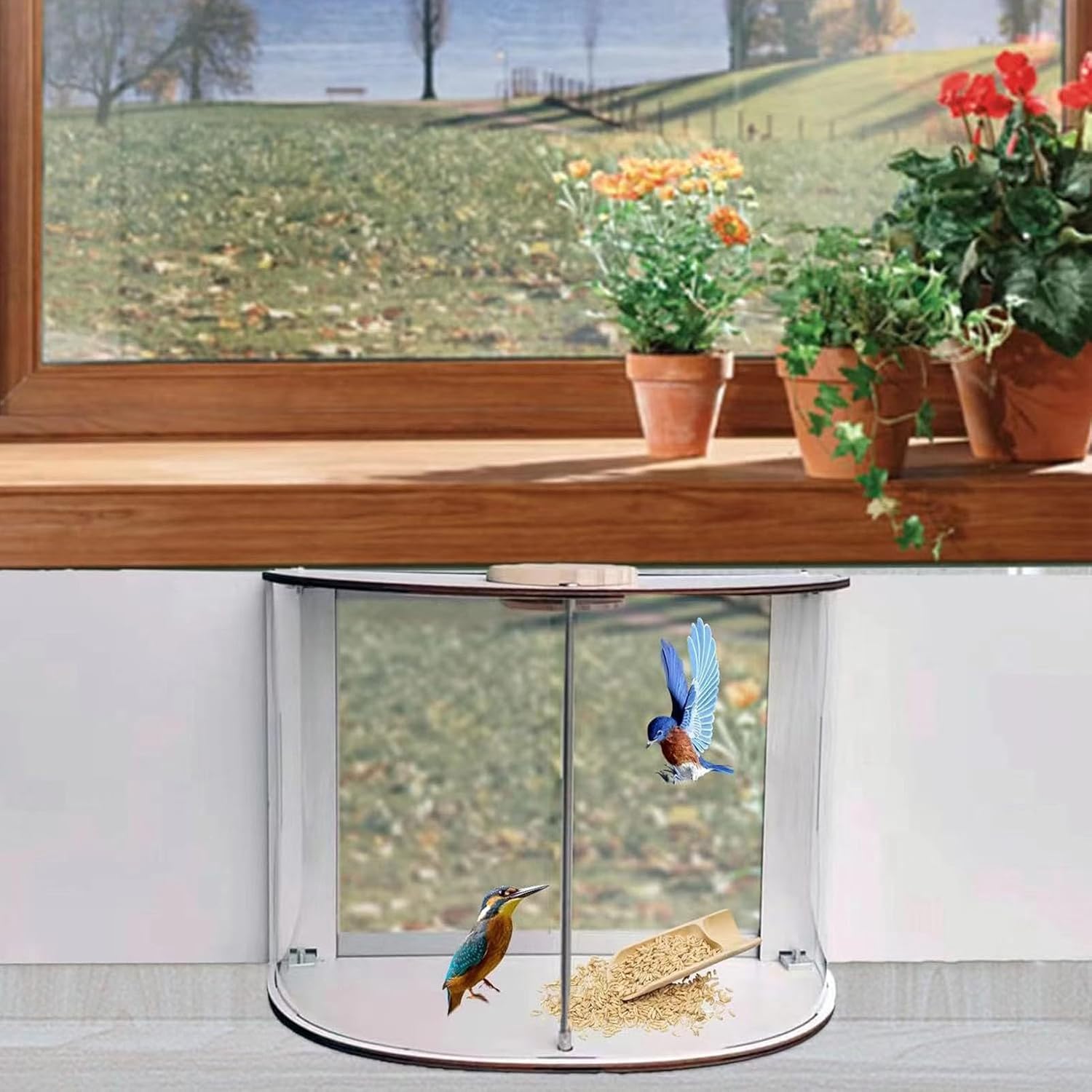 Fockety Window Bird Feeder, 180° Clear View Wooden Transparent Bird Ho
