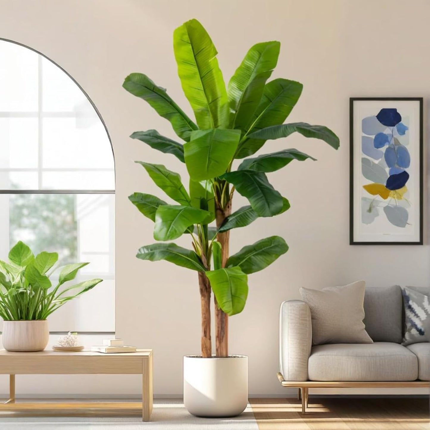 Artificial Scindapsus Aureus Plant Indoor Fake Tree with White Tall Pl