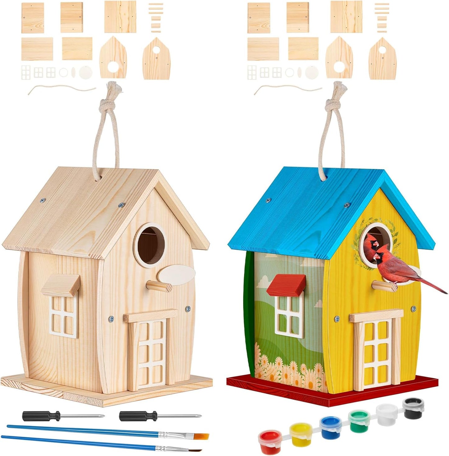 Liliful 2 Pack Wooden Bird House Kits, Build It Yourself Woodworking Kit for Adult Kids 4-8, 8-12 with Paint and Paintbrushes, Solid Weather Proof Natural Pine Wood, Pre Drilled (Rural Style)