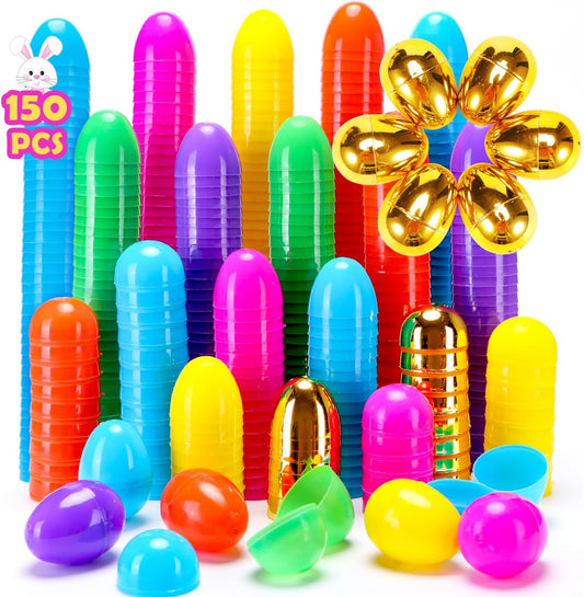 YEAHBEER 150 Easter Eggs, 2.36" Bright Colors Plastic Easter Eggs Empty Include 6 Golden Eggs for Easter Hunt,Filling Treats, Basket Stuffers, Party Favor (150 Pack)