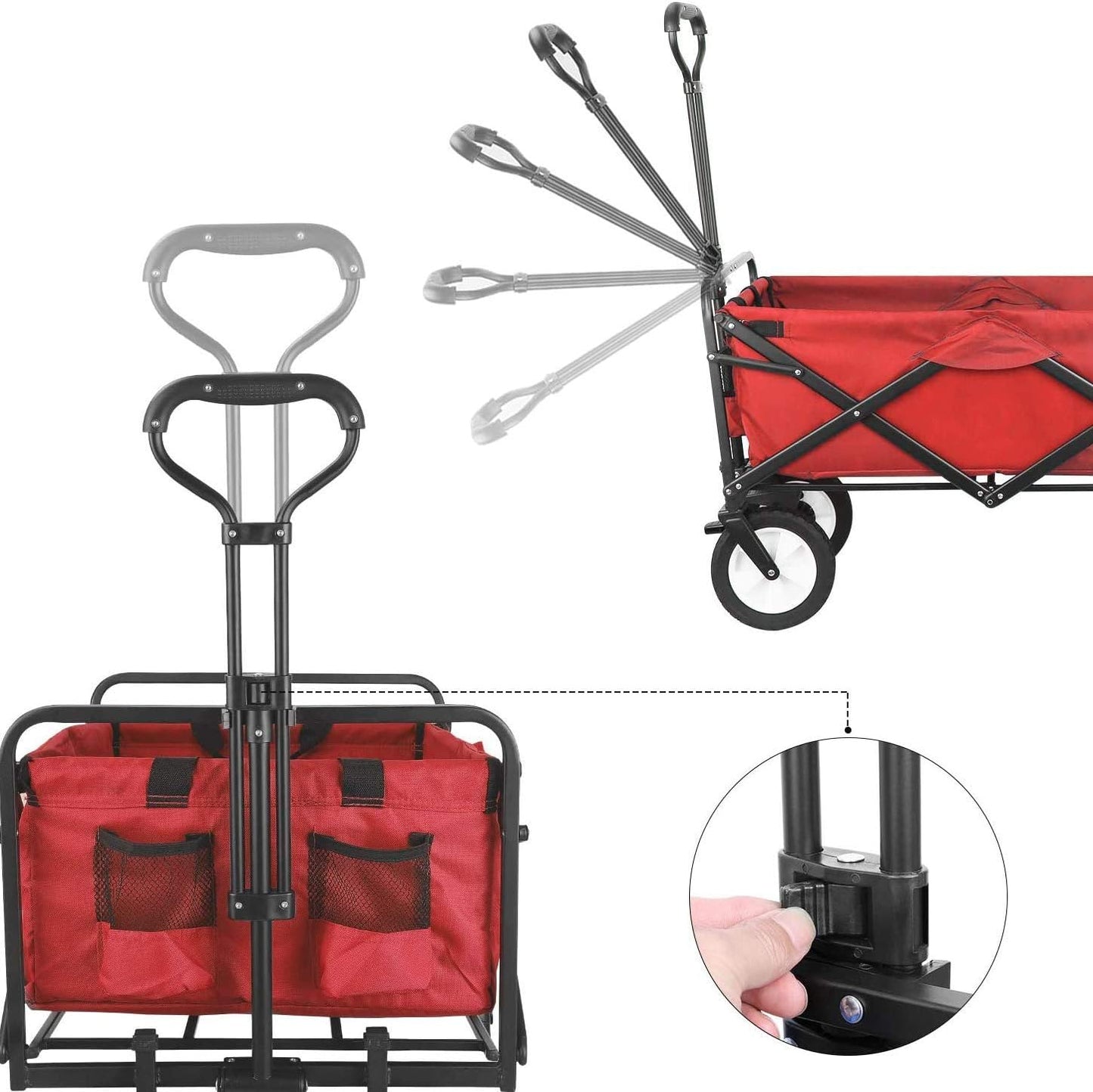 Collapsible Folding Outdoor Utility Wagon, Heavy Duty Garden Cart with Wheel Brakes and 2 Cup Holders, for Shopping,Picnic (Green) (Red)