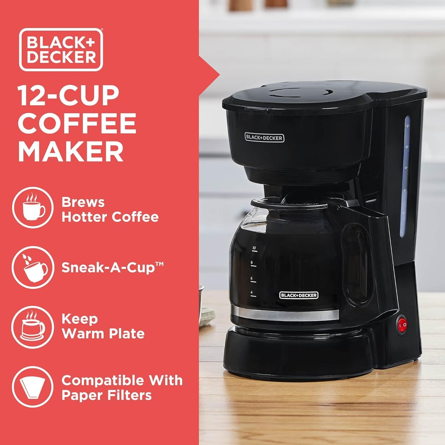 BLACK+DECKER 12-Cup Coffee Maker with Easy On/Off Switch, Easy Pour, N