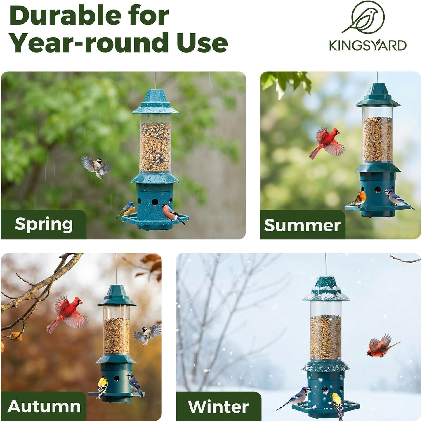 Kingsyard Squirrel-Proof Bird Feeder with Adjustable Weight-Activated Perch, Wild Bird Feeders for Outdoors Hanging, Weatherproof & 4 lb Large Seed Capacity, Dark Green