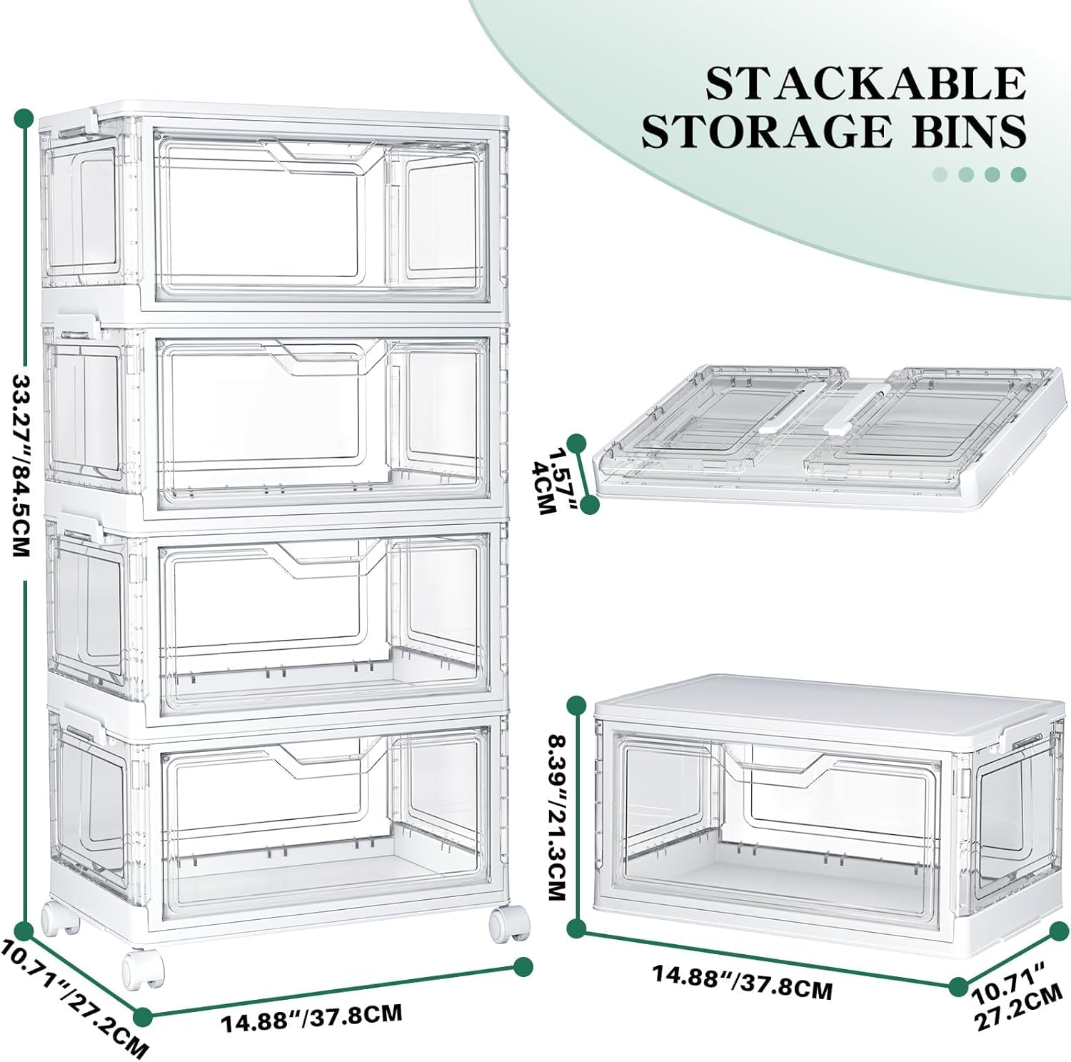 Clear Storage Bins with Lids - 4 Tier Plastic Bins with Wheels, Stacka