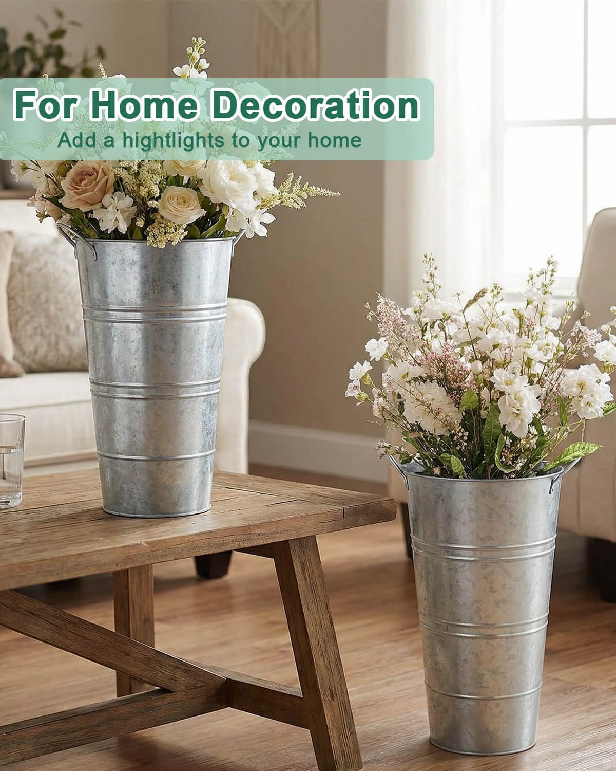 12 Inch Galvanized Metal Vases for Flowers - 2 Pcs Farmhouse Decorative Tall Flower Bucket with Handles, Rustic French Tin Planter Buckets for Wedding Decor (Silver)