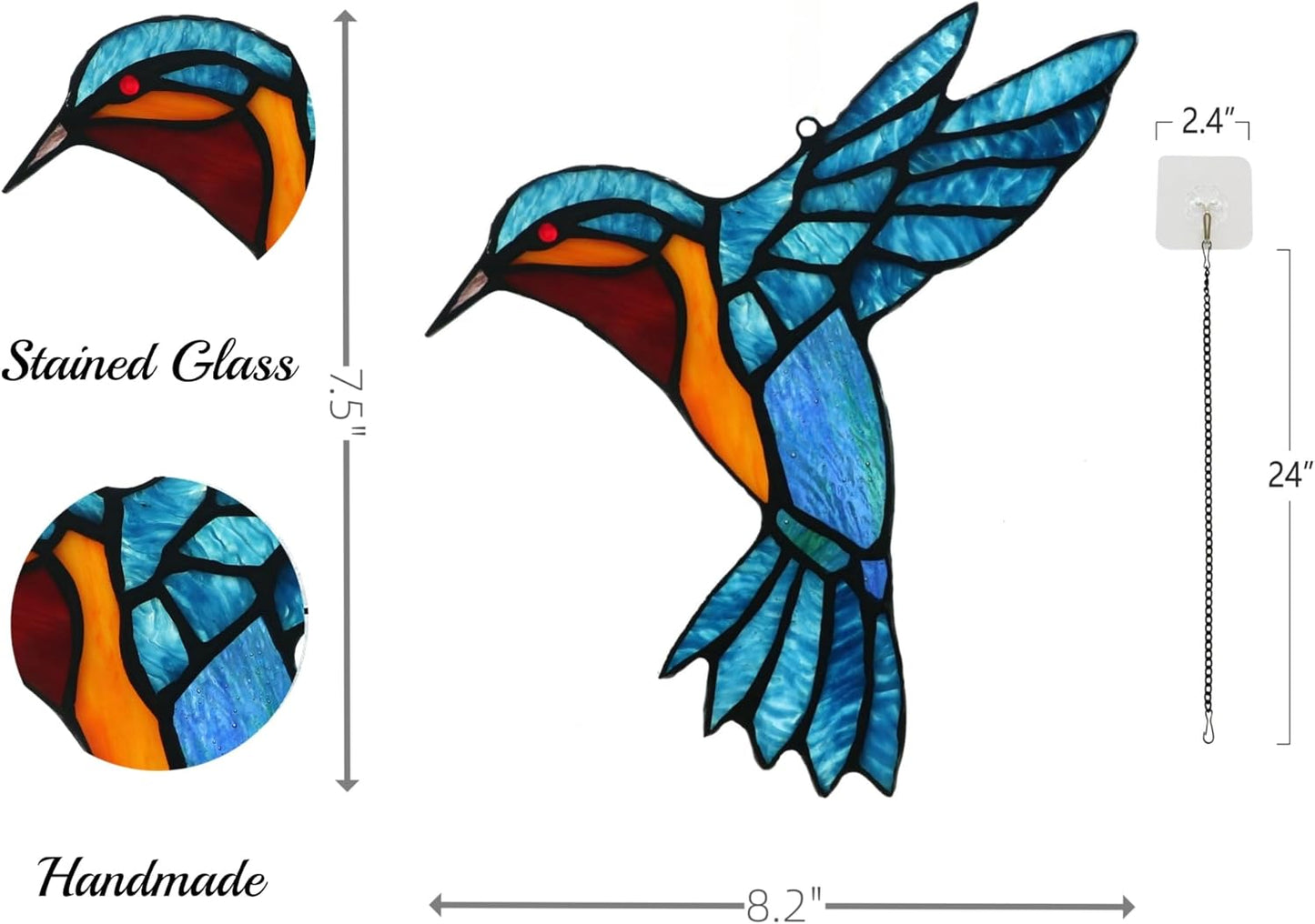 Stained Glass Bird Window Hangings SunCatcher, 9" x 7 1/2”