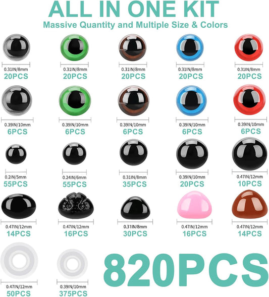 Junreox 820pcs Safety Eyes for Amigurumi- Premium Safety Eyes and Nose