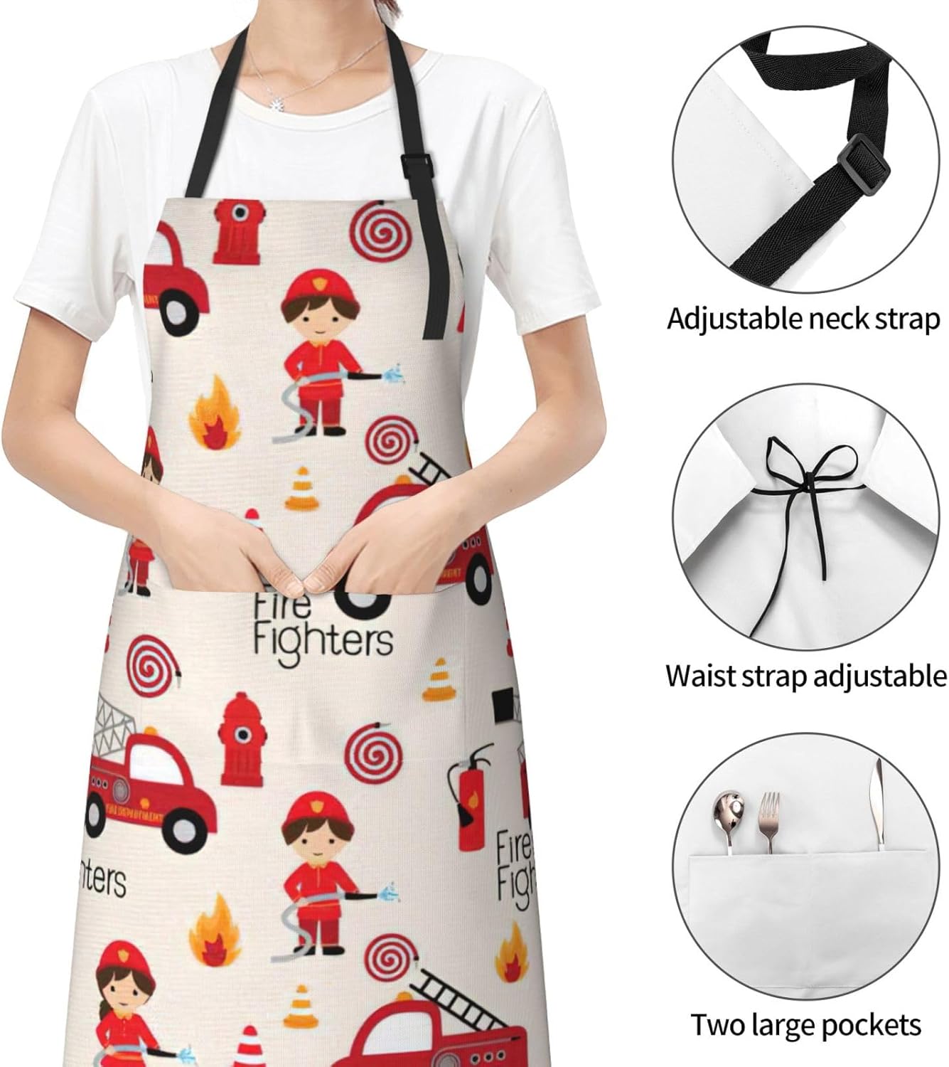 Little Boys and Girls in FireFighters Print 28x33 In Adult Kitchen Apron with Pockets Versatile Chef Smock for Cooking Baking