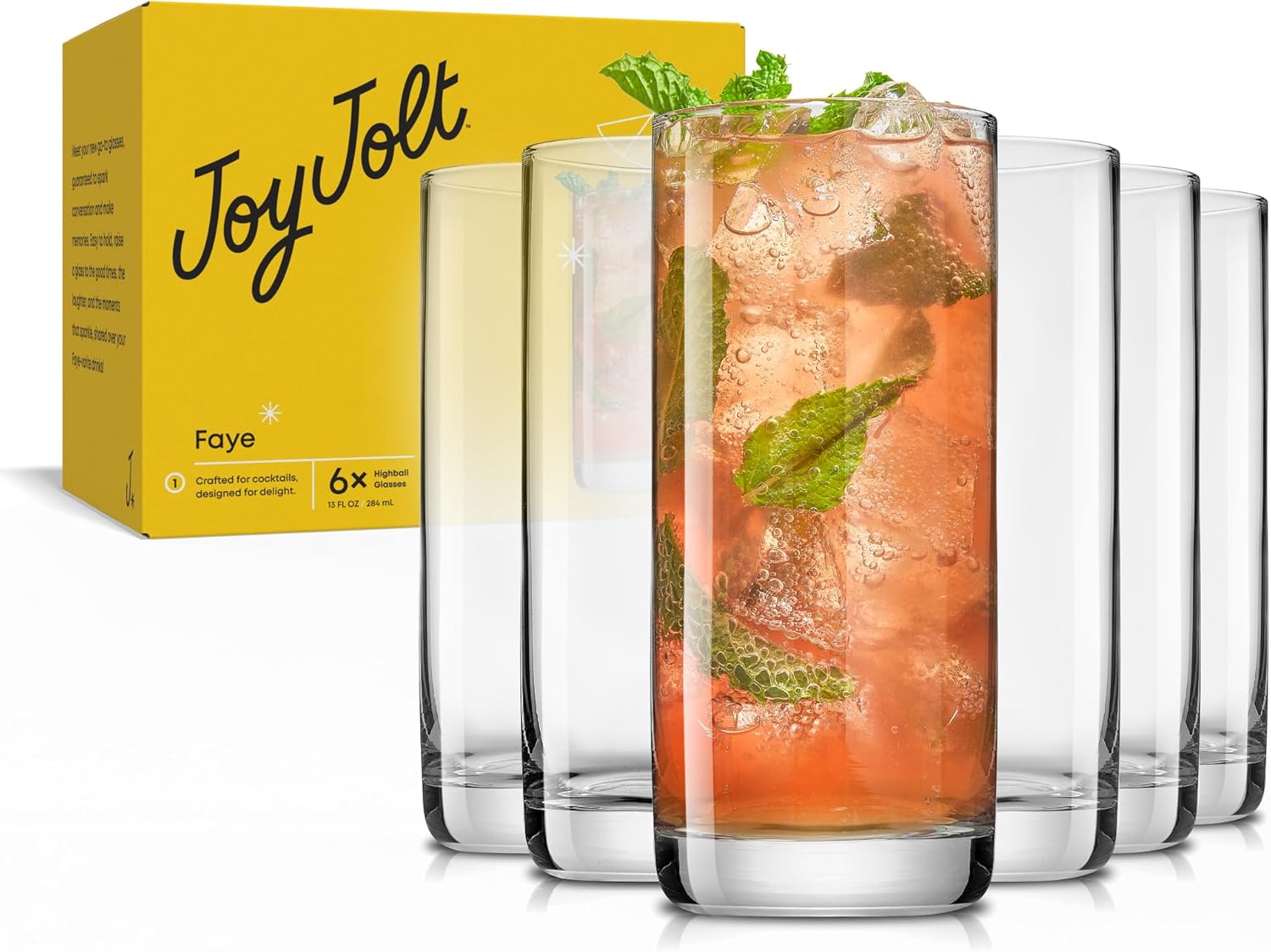 JoyJolt Faye 13oz Highball Glasses, 6pc Tall Glass Sets. Lead-Free Cry
