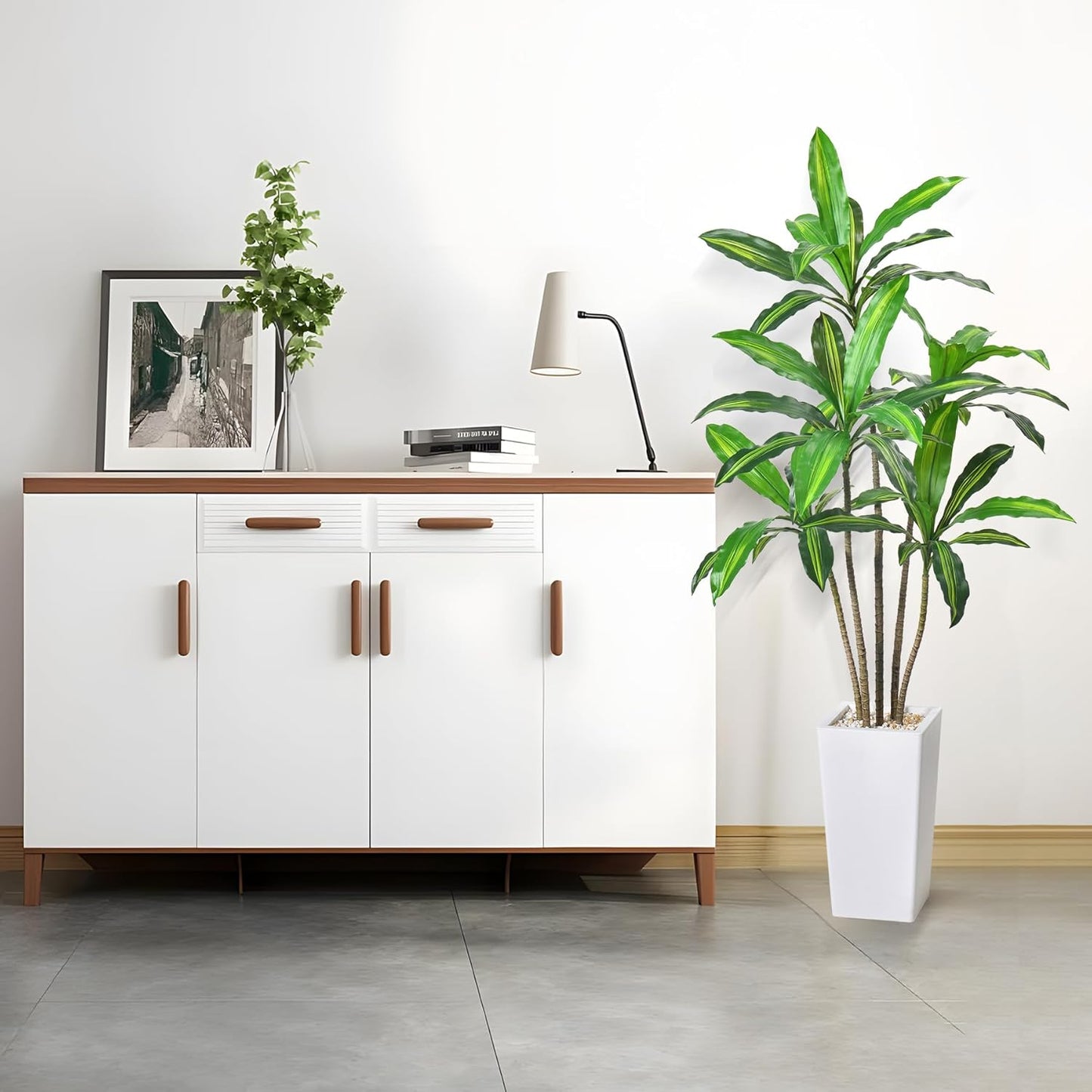 Artificial Dracaena Tree 5FT-Faux Tree with White Tall Planter Indoor Decor-Fake Yucca Palm Tree in Pot-Artificial Silk Tree for Home Office Decor Perfect Housewarming Gift