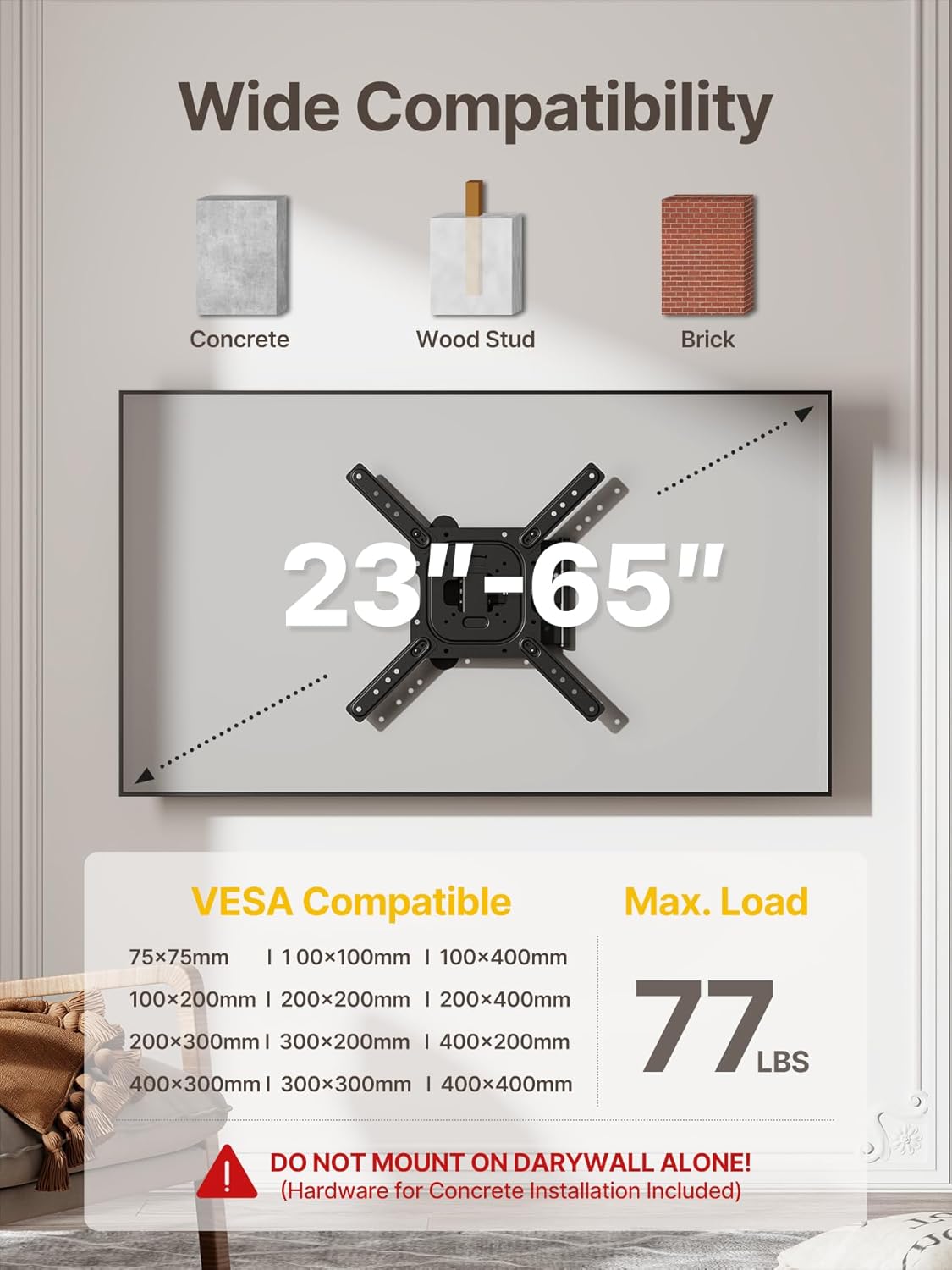 monTEK Full Motion TV Wall Mount for 23–65 Inch Flat & Curved TVs and 