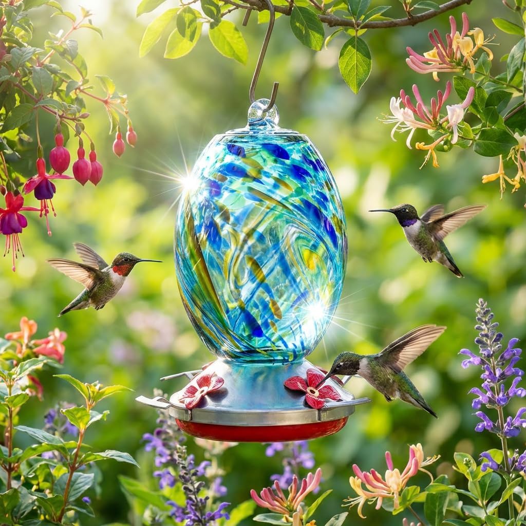Hummingbird Feeder，34oz Crystal Blue Glass, Leakproof Outdoor Bird Feeder with Built-in Perch, Easy to Clean & Fill，Thoughtful Gardening Gift for Grandma, Women