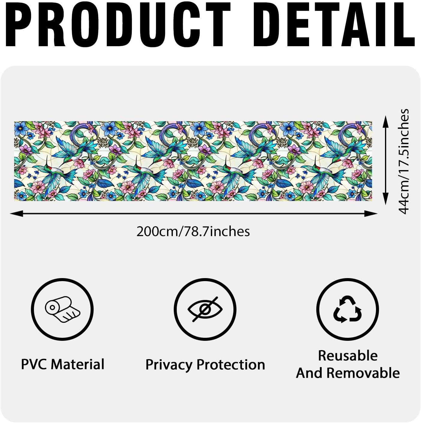 2PCS 17.7x39.4inch Hummingbird Stained Glass Window Film, Hummingbird Stained Glass Window Film for Bathroom Door Heat Anti UV