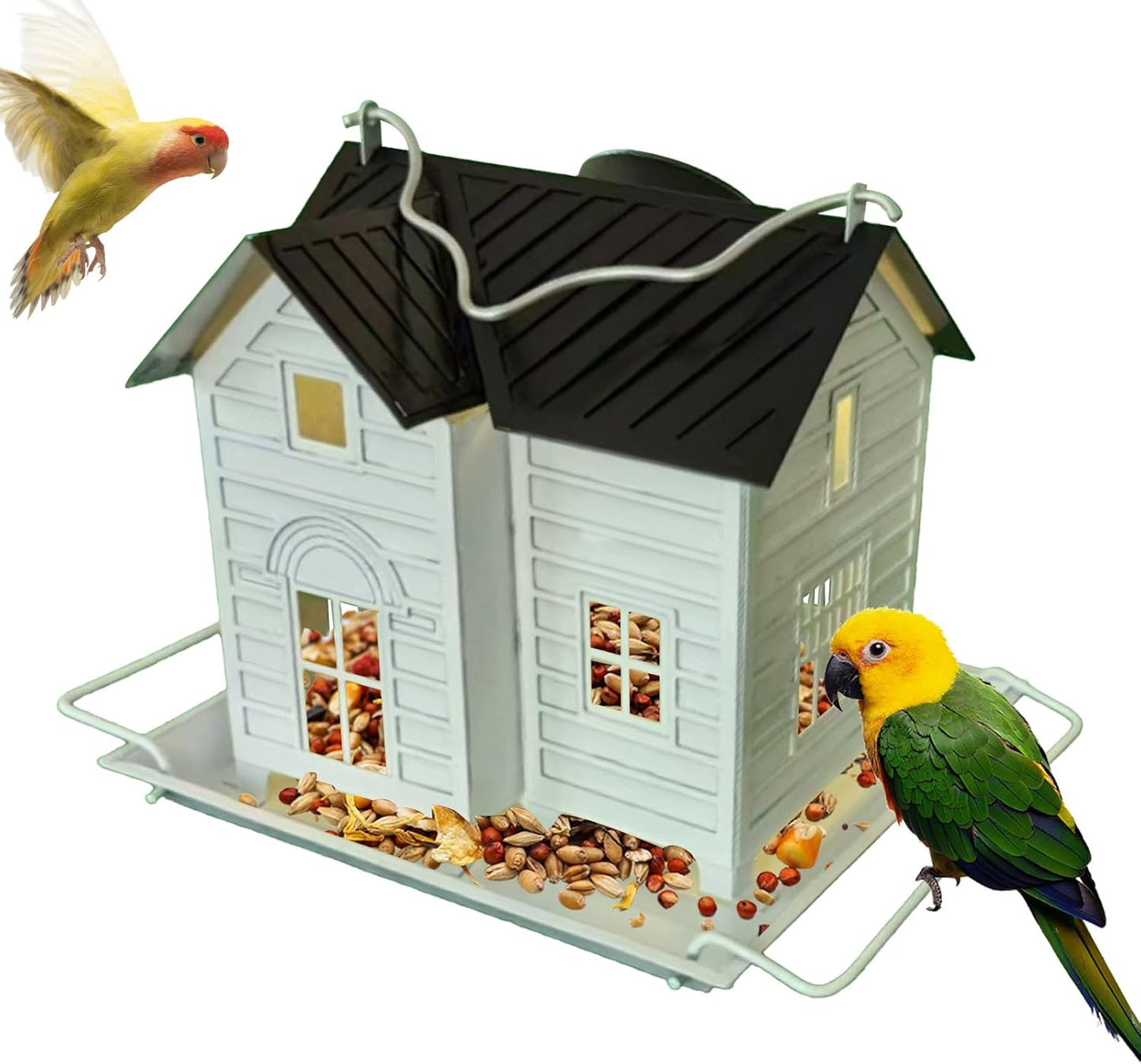 Solar Cabin Bird Feeder, Birdhouse Bird Feeders for Outdoors Hanging, Metal Finch Food Dispenser with Solar Powered Lantern for Garden, Balcony, Patio